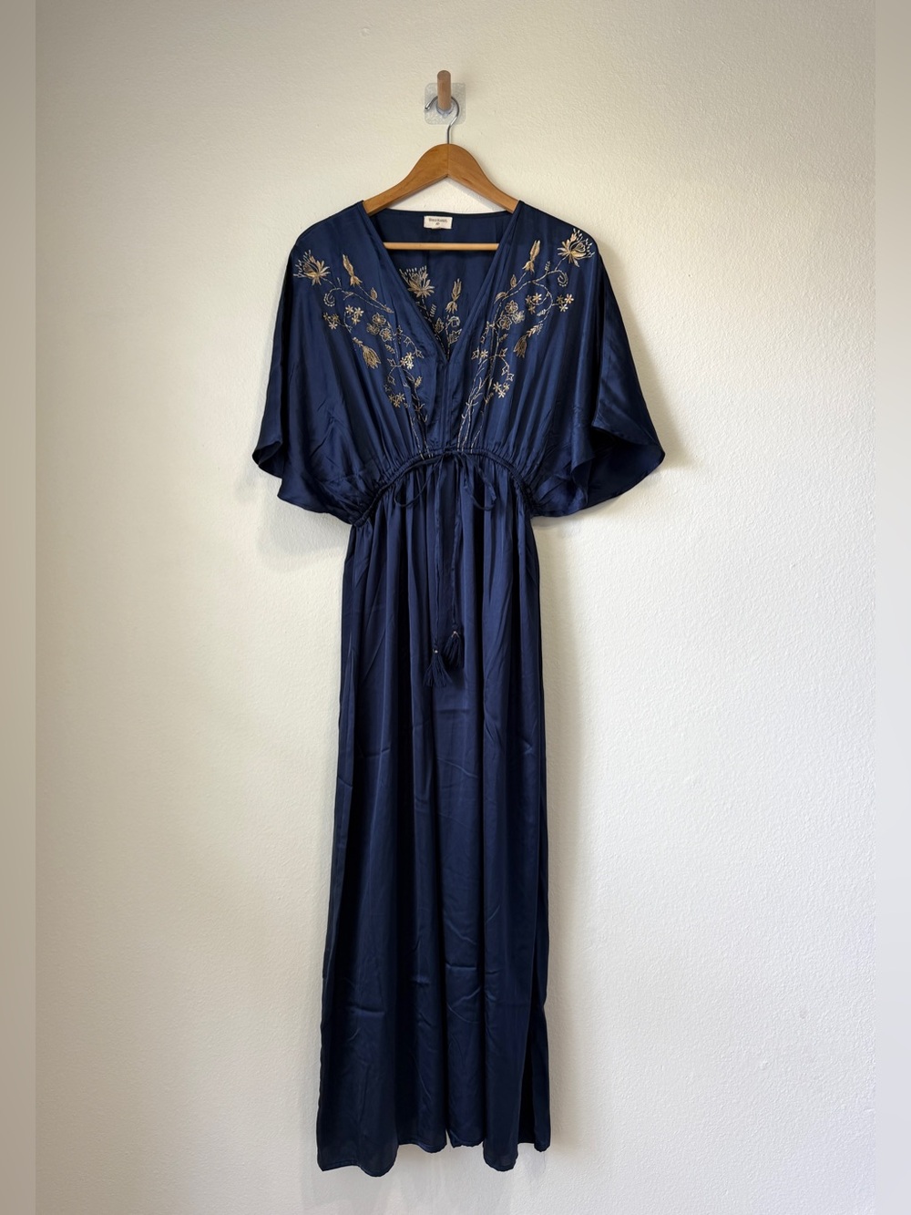 World Market Navy Embroidered Boho Maxi Dress L XL Caftan Tassel - Picture 3 of 6